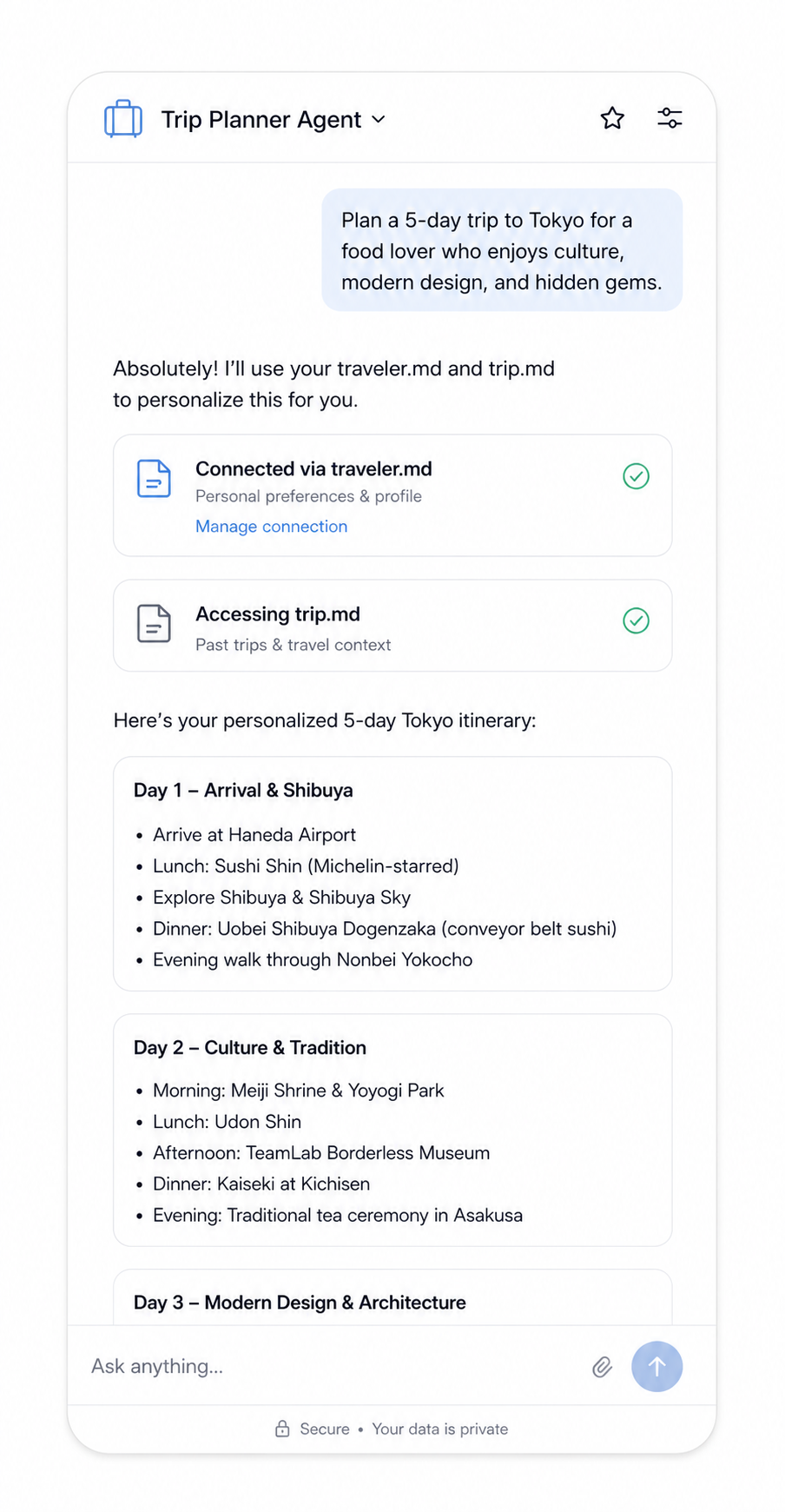 A trip-planner agent reading traveler.md and trip.md to deliver personalized recommendations.