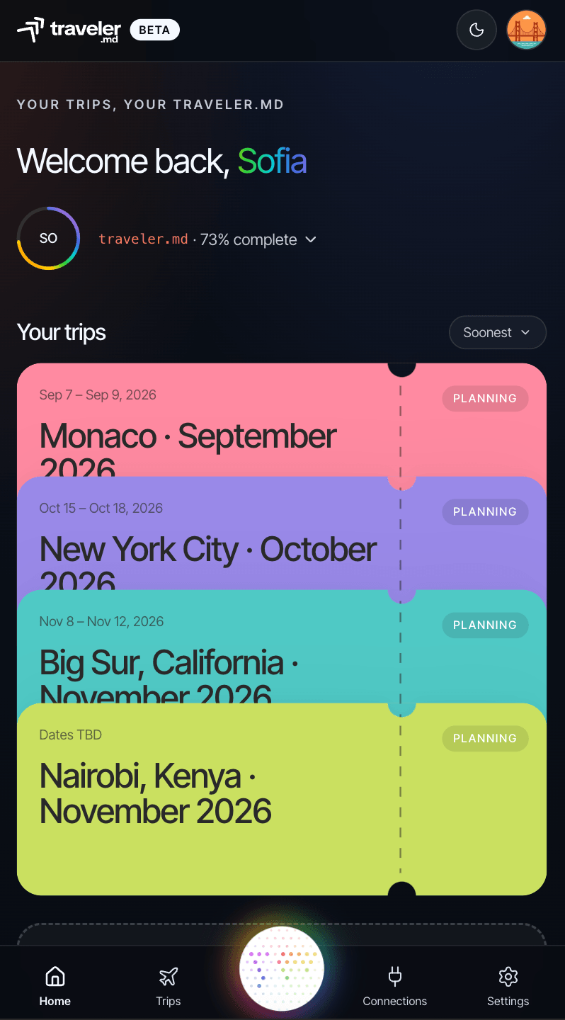 The Traveler.md app showing a traveler's upcoming trips.