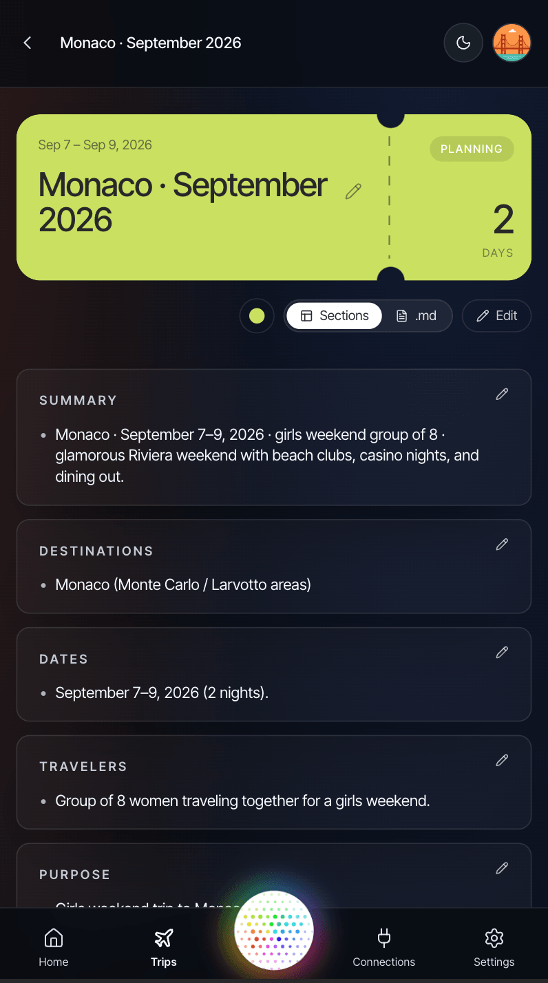 The Traveler.md app showing a traveler's upcoming trips.