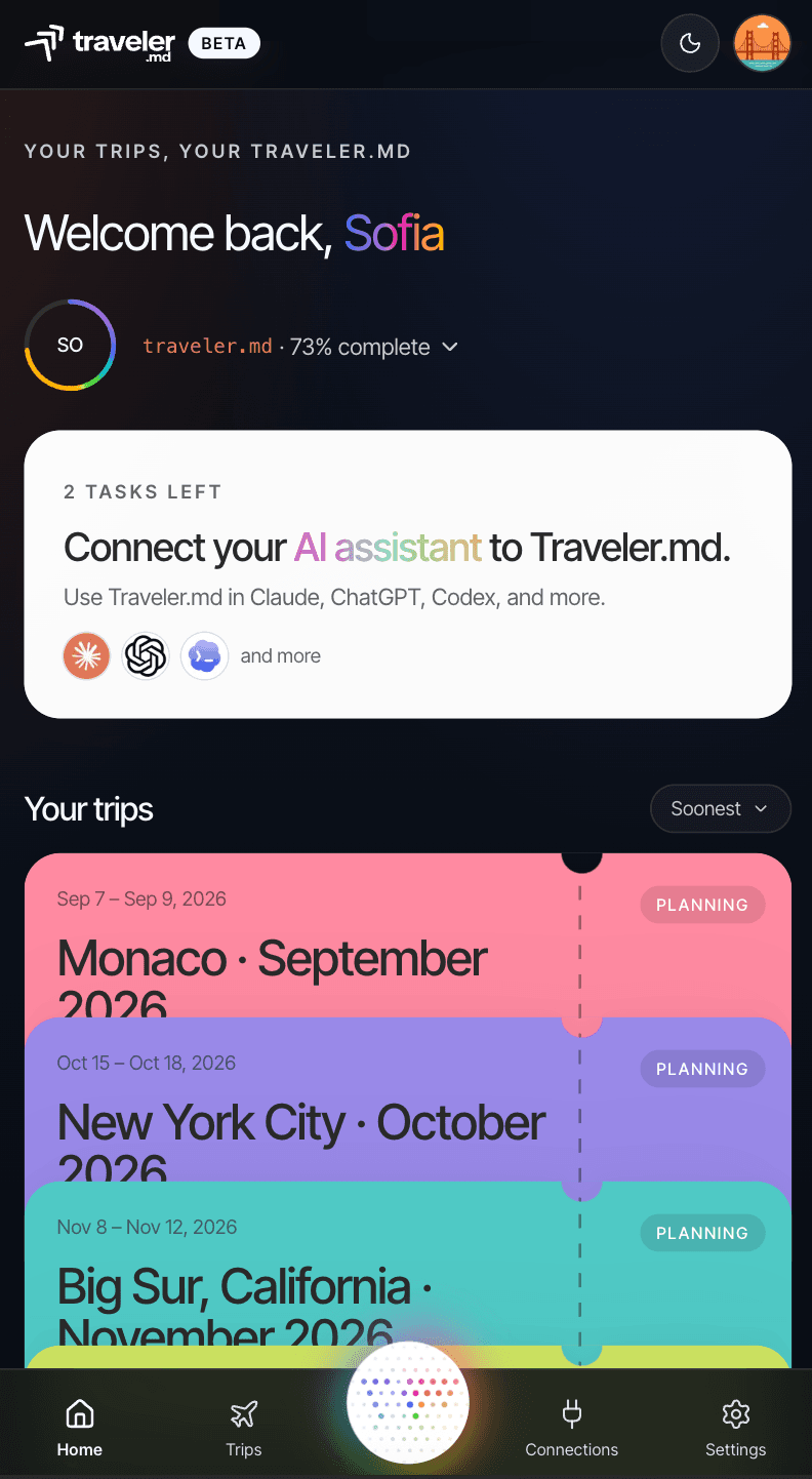 Connecting AI assistants like Claude, ChatGPT, and Codex to Traveler.md.